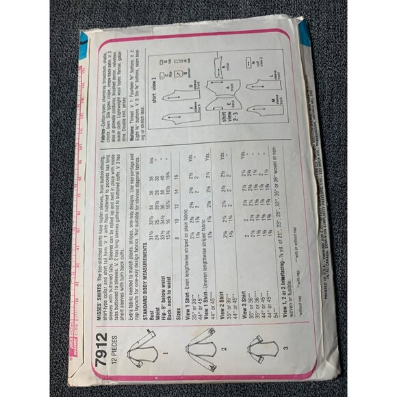 Simplicity Misses Shirt Sewing Pattern sz 14 7912 - uncut - Picture 5 of 9